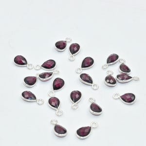 Garnet Pear Briolette Bezel charms,  5x7mm Natural Gemstone Faceted Stone, Single Loop 925 Sterling Silver Charm (10pc)