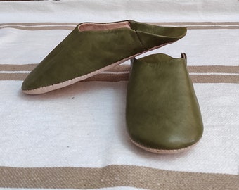 Khaki Green Slipper, Womens Moroccan Leather Babouche Slippers,Traditional Moroccan Basic Babouche,Sheepskin Slippers,Babouche