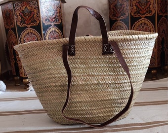 50% OFF """* Moroccan Original basket, luxury Basket Flat Leather Handle Double, Handmade basket, Beach bag, Market basket,Natural straw bag
