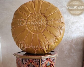 mustard Moroccan Leather Pouf, Moroccan pouf, Berber pouf, ottoman pouf, Moroccan ottoman leather pouf