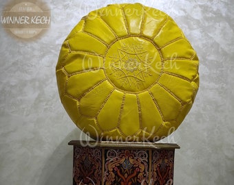 Yellow Moroccan Leather Pouf, Moroccan pouf, Berber pouf, ottoman pouf, Moroccan ottoman leather pouf