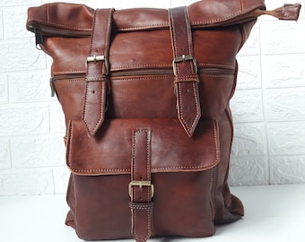 Rolltop real leather backpack,backpack with pockets,Moroccan leather bag,Shoulder Bag,Wanderlust Bag,Leather Satchel Cross Shoulder Straps