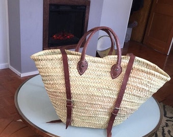 50% OFF """* Natural straw bag, Handmade basket, Beach bag, Moroccan Original basket, Luxury Basket Flat Leather Handle Double,Market basket