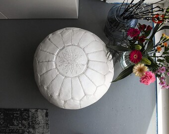 White Moroccan Leather Pouf, Moroccan pouf, Berber pouf, ottoman pouf, Moroccan ottoman leather pouf
