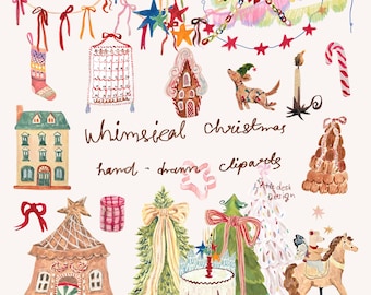 May include: A collection of hand-drawn watercolor illustrations featuring Christmas elements including a stocking, advent calendar, gingerbread house, dog with lights, candle, candy cane, house, trees, bows, and a rocking horse with the text whimsical christmas hand-drawn cliparts.