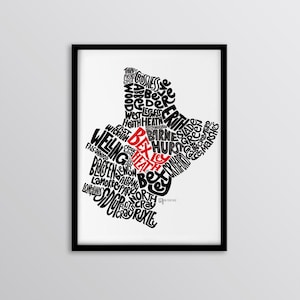 Personalisierte Bexley Stadt London Borough typografische Karte - Bexleyheide / Erith / Welling / Sidcup / Abteiholz / Belvedere / Blackfen Kunstdruck