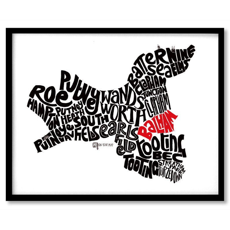 London Borough of Wandsworth Personalised Map Art Print Tooting Putney Battersea Earlsfield Roehampton Balham Clapham