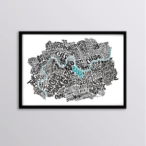 West & South West London Personalisierte Karte Kunstdruck - Chiswick / Wandswertiger / Richmond / Fulham / Putney / Wimbledon / Clapham / Schnürsenkel