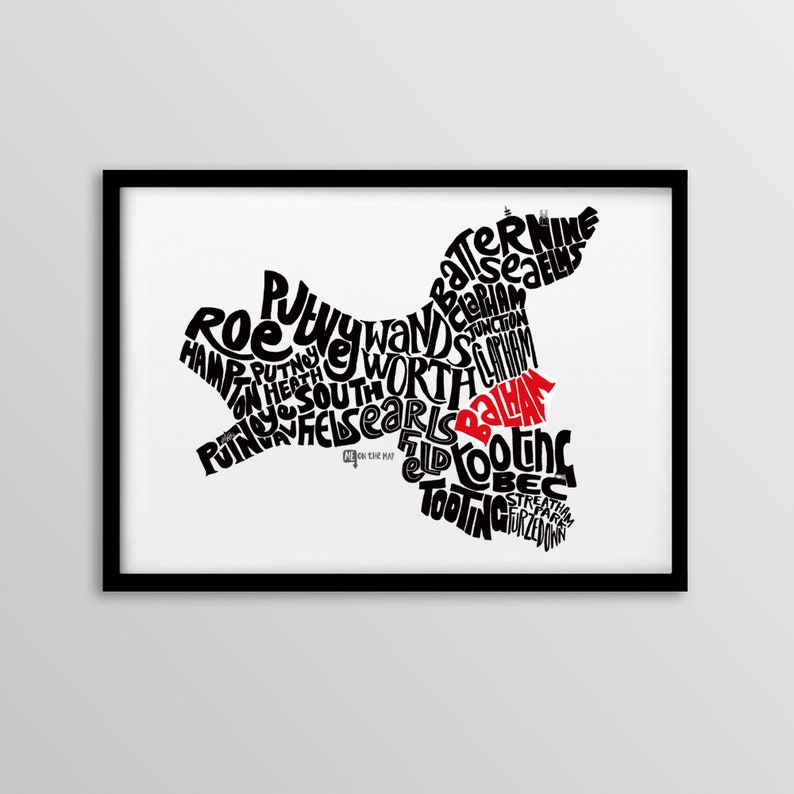 London Borough of Wandsworth Personalised Map Art Print Tooting Putney Battersea Earlsfield Roehampton Balham Clapham