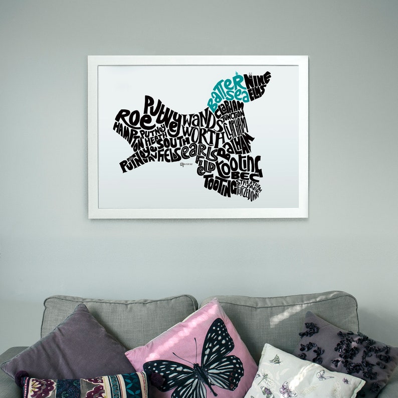 London Borough of Wandsworth Personalised Map Art Print Tooting Putney Battersea Earlsfield Roehampton Balham Clapham