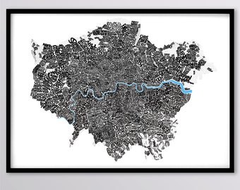 London Type Map Art Print / White background / Hand lettering / includes all Greater London districts / Personalised / Originally hand drawn
