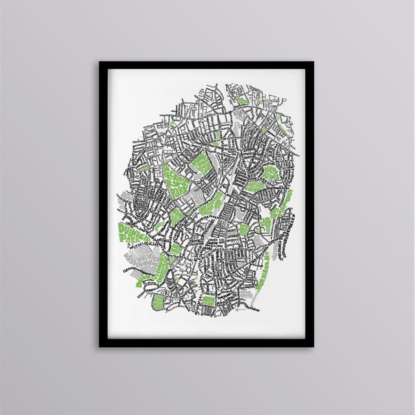 South East London Type Map Art Print - Green Parks - New Cross // Brockley // Nunhead // East Dulwich // Forest Hill // Sydenham // Dulwich