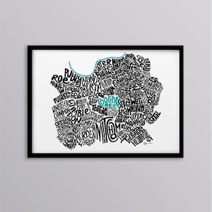 South West London Personalisierter Stadtplan Kunstdruck - Clapham - Putney / Wimbledon - Tooting - Merton - Wandsworth - Streatham