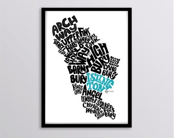 London Borough of Islington Personalised Map Art Print - Highbury // Barnsbury // Angel // Upper Holloway // Archway // Clerkenwell