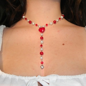 Handmade Red Heart and Pearl Rosary Choker