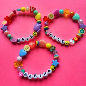 Mixed Bead Bracelet With Dummy Charms. 90s Style. Can Be Personalised With  Any Name or Word. Multi Coloured Rainbow Beads, Smileys, Heart. 