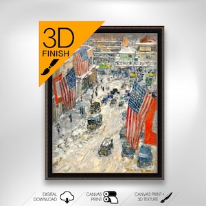 Frederick Childe Hassam -Flags on 57th Street , Winter 1918 | Museum Quality 3D Oil Canvas Print of Famous Artist Painting