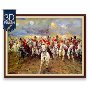 May include: A framed print of a historical battle scene. The artwork depicts soldiers on horseback in red coats, charging forward with swords raised. The sky is filled with dramatic clouds, and the print has a 3D finish.