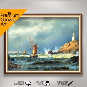 Boats on stormy coast - Carl Frederik Sorensen  | Premium Quality Art Print of Famous Painting | Museum Art Print | Printable Wall Art