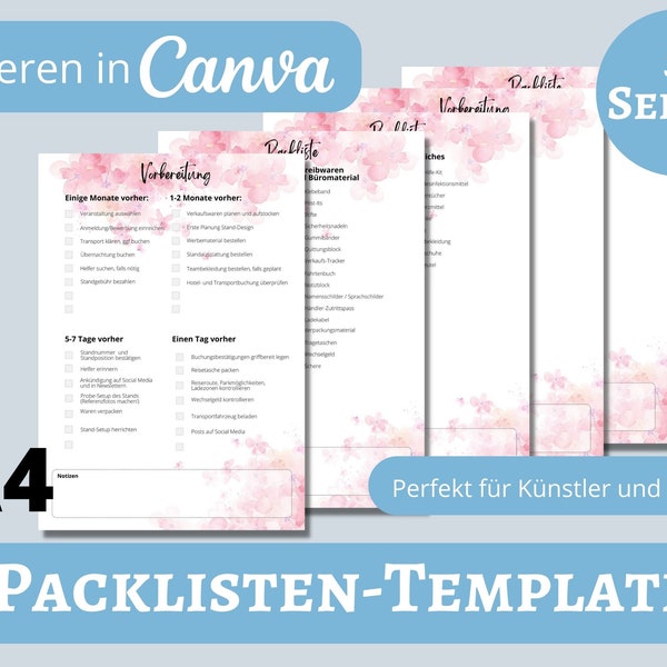 Packliste, perfekt für Kleinunternehmer, Künstler, Aussteller. Deutsche Version, A4.  Kann in Canva editiert werden. Digitale Datei, to do