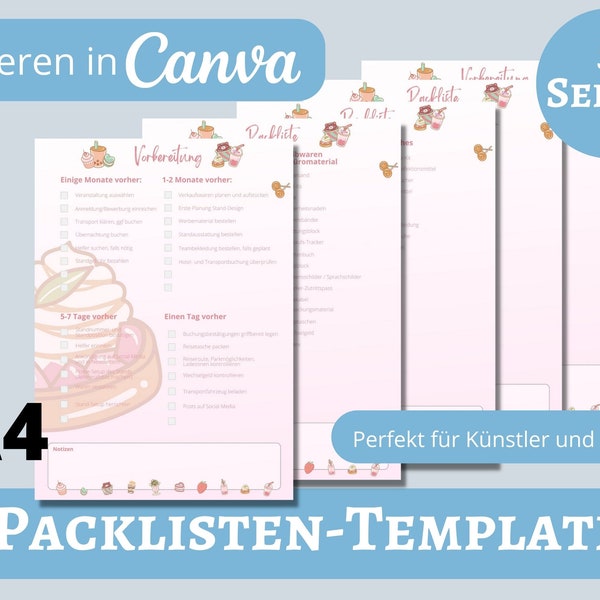 Packliste, perfekt für Kleinunternehmer, Künstler, Aussteller. Deutsche Version, A4.  Kann in Canva editiert werden. Digitale Datei, to do