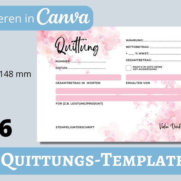 Quittung, Vorlage, Template. Für Kleinunternehmer, Künstler, Unternehmer. Deutsche Version, A4.  Editieren in Canva. Digitale Datei.