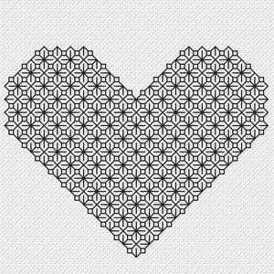 Puede incluir: Patrón de corazón geométrico en blanco y negro, creado con un diseño repetitivo de pequeños cuadrados y círculos.