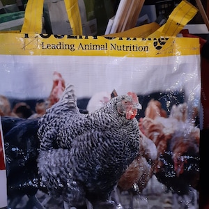 Eco-Chic: Chicken Design Reusable Shopping Bag from Upcycled Feed Bags