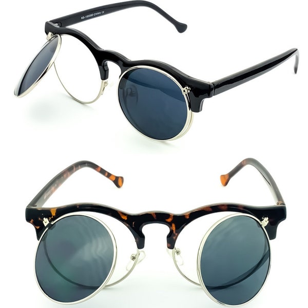 Lunettes de soleil KISS® - style Moscot mod. FLIP-UP - Double objectif Steampunk homme femme Vintage rond