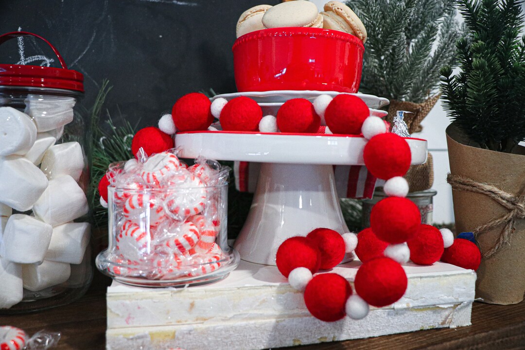 Felt Christmas Garland, Red and White Felt Ball Garland, Holiday