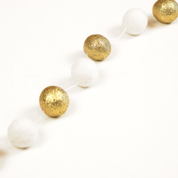 Gold Glitter Pom Pom Garland, Felt Ball Garland, Christmas Garland, Holiday Decor, White & Gold, Farmhouse Garland, New Year's Party Decor