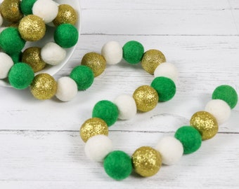 Felt Ball Garland: Green, White & Gold Glitter - St. Patrick's Day Decor