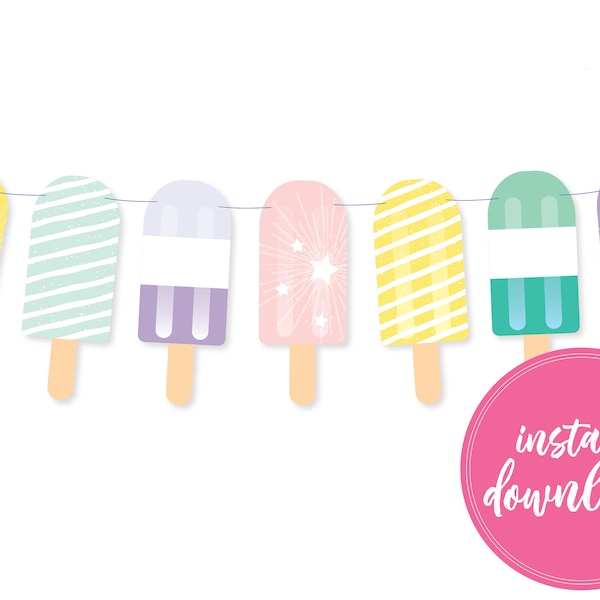 Birthday Popsicle Garland, Popsicle Decor, Printable Garland, Kids Party, Playroom Decor, Pastel Popsicle, Ice Cream Social, Popsicle Party