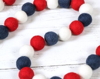 Patriotic Garland, American Pom Pom Garland, Red, White & Blue Felt Ball Garland, 4th of July, Americana Decor, Playroom Decor, Mantel Decor