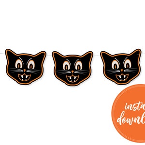 Halloween Dekoration, Vintage schwarze Katze, Halloween Girlande, druckbare Banner, Halloween Party, digitaler Download, Vintage Stil Halloween Girlande