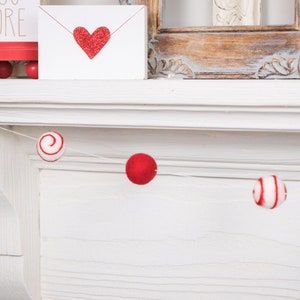 Pom Pom Garland, Red & White Swirl Felt Balls, Christmas Decor, Playroom Decor, Traditional Christmas, Peppermint, Holiday Decor
