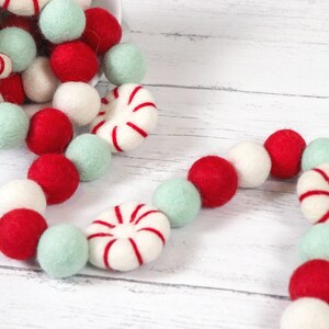 Peppermint Pom Pom Garland, Christmas Garland, Holiday Bunting, Red White and Mint Pom Pom Banner, Felt Balls, Holiday Garland