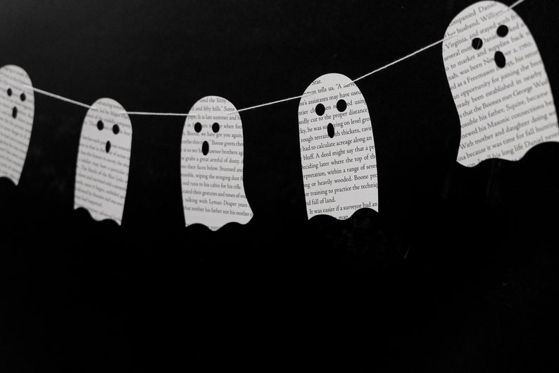 Vintage Book Page Ghost Garland, Fall Decor, Halloween Decor, Upcycled Book Page, Custom, Made to Order, Playroom Decor, Classroom Decor image 9