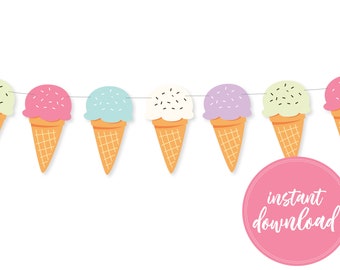 Ice Cream Birthday Garland, Ice Cream Banner, Printable Garland, Pastel Party Banner, Playroom Decor, Nursery Decor, Ice Cream Social Decor