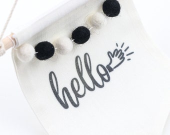 Mini Hello Fabric Banner Sign, Felt Ball Accent, Welcome Sign, Decor, Workspace Decor, Housewarming Gift, Mini Banner, Home Accent, Gift