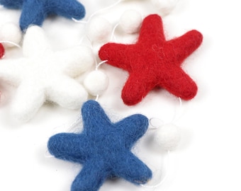 Patriotic Garland, Star Spangled Banner, American Pom Pom Garland, Red, White & Blue Felt Ball, 4th of July, Americana, Playroom Decor