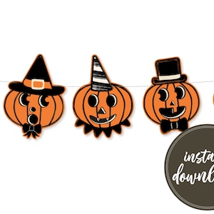 Pumpkin Halloween Decor, Vintage Style Jack-o-Lanterns, Printable Banner, Halloween Party, Digital Download, Vintage Style Halloween Garland