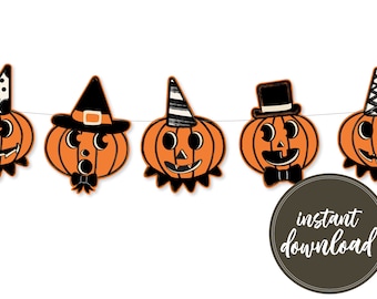 Pumpkin Halloween Decor, Vintage Style Jack-o-Lanterns, Printable Banner, Halloween Party, Digital Download, Vintage Style Halloween Garland