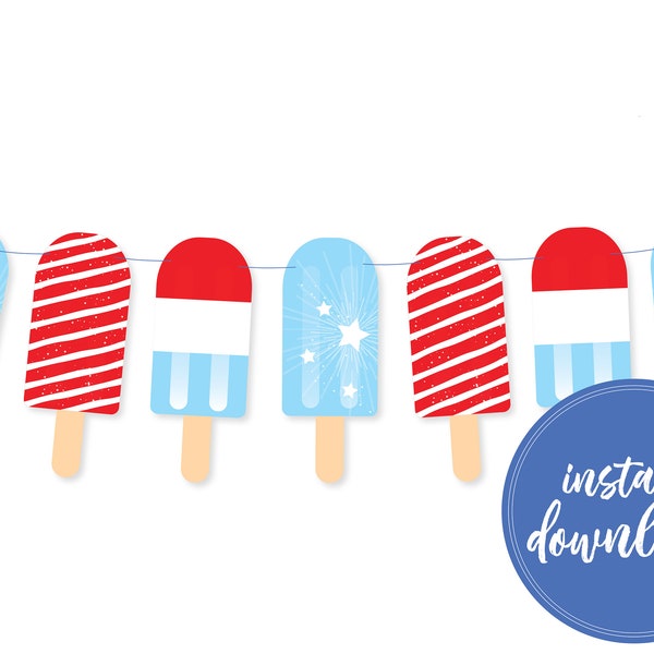 Guirlande du 4 juillet, décor de popsicle d'été, guirlande imprimable, fête d'enfants, décor de salle de jeux, décor patriotique, décor rouge blanc et bleu, Amérique