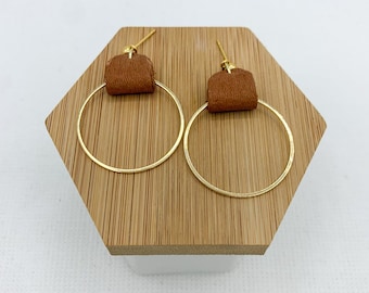 Brown leather and gold hoop earrings, gold hoops, hoop earrings, leather earrings, brown and gold earrings, minimalist earring