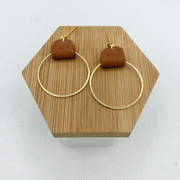 Brown leather and gold hoop earrings, gold hoops, hoop earrings, leather earrings, brown and gold earrings, minimalist earring