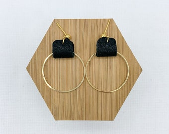 Black leather and gold hoop earrings, gold hoops, hoop earrings, leather earrings, black and gold earrings, minimalist earring