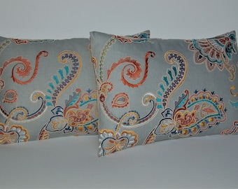 Colefax & Fowler embroidered "Carsina Old Blue" oblong cushion cover