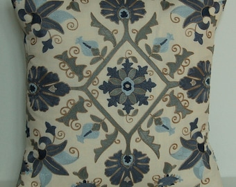 Colefax & Fowler embroidered "Bowie Blue" cushion cover