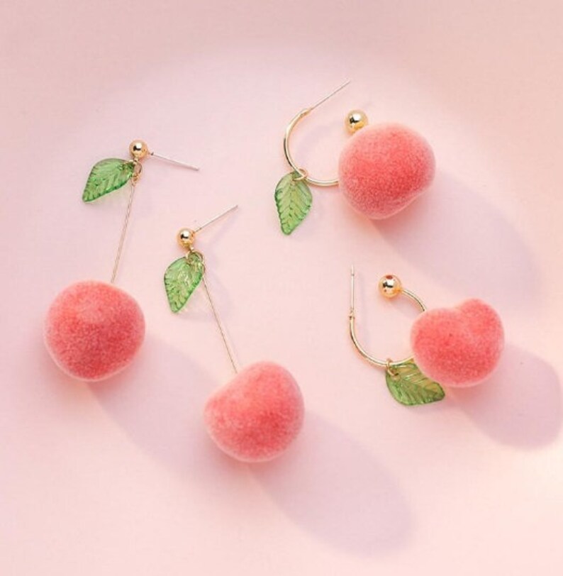 Dangle Drop Peach Earrings Vegan Leaf Earrings Fuzzy Earrings Cherry Leaf Earrings Fuzzy Fruit Earrings Huggie Earrings Peach Earrings